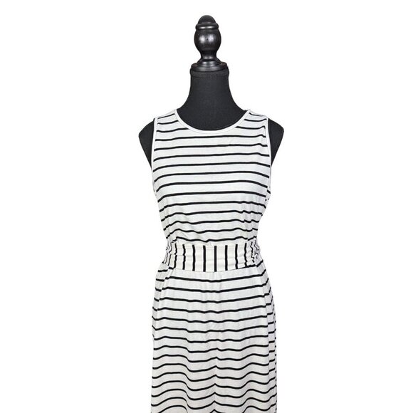Banana Republic Black and White Striped Midi Dress – Soft Stretch, Tie Waist - Picture 2 of 7